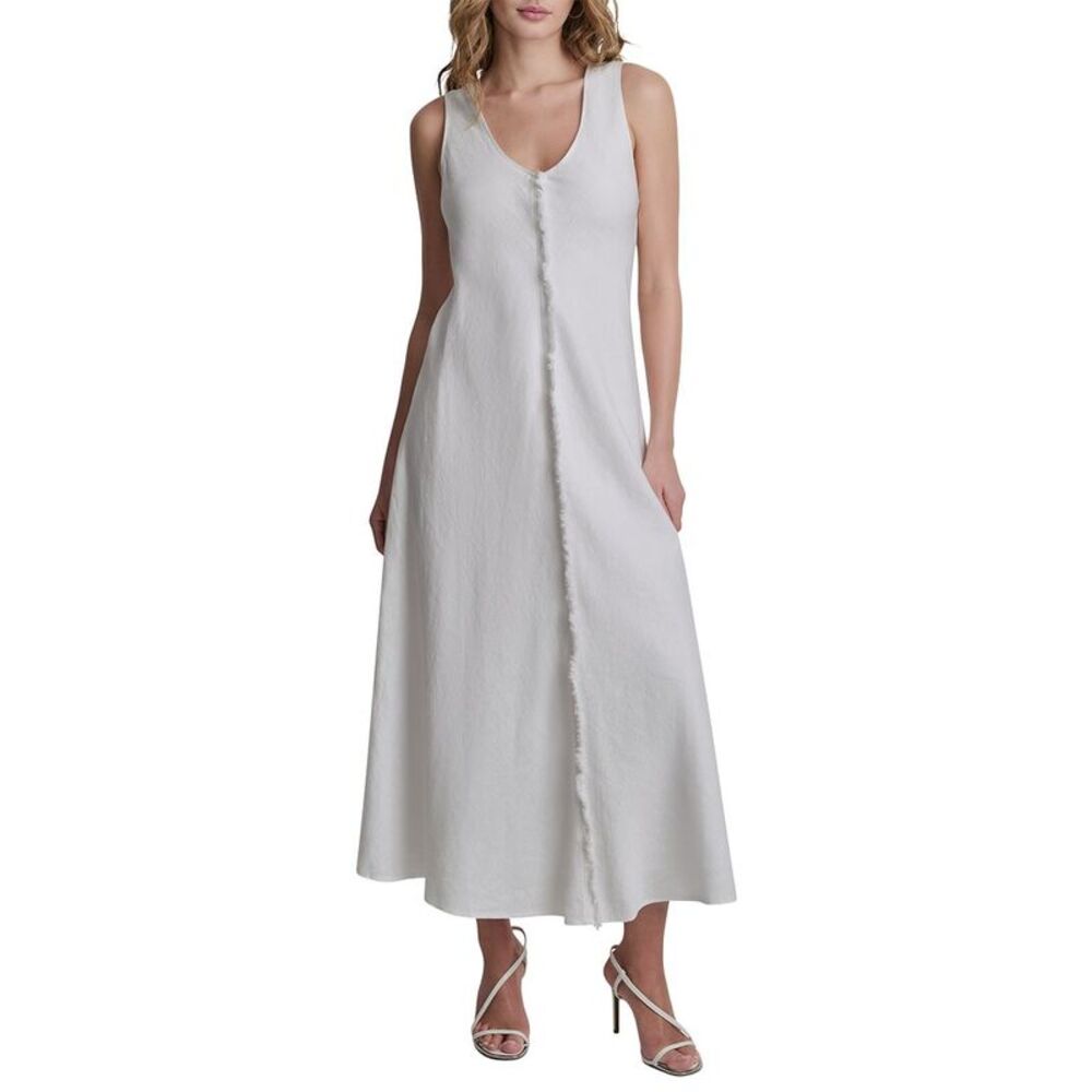 Dkny Womens  V-Neck Fray Seam Linen Dress, White